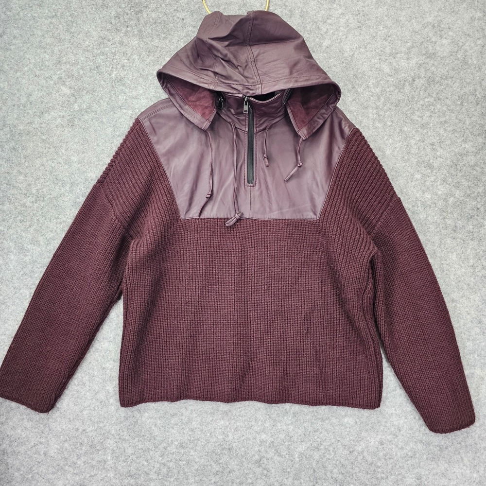Burgundy‎ Wool Leather Knit Hoodie Sweater Medium Quarter Zip Anorak Faux UNISEX